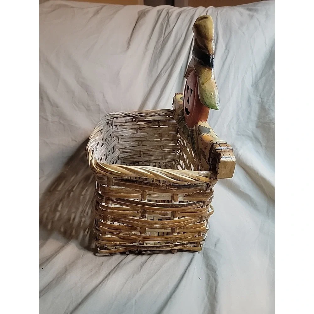 Pumpkin Basket Wood and Woven Wicker Scarecrow Pumpkin Fall Autumn‎ Decor 12